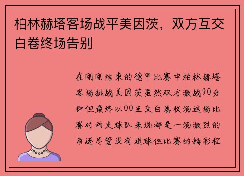 柏林赫塔客场战平美因茨，双方互交白卷终场告别