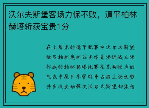 沃尔夫斯堡客场力保不败，逼平柏林赫塔斩获宝贵1分